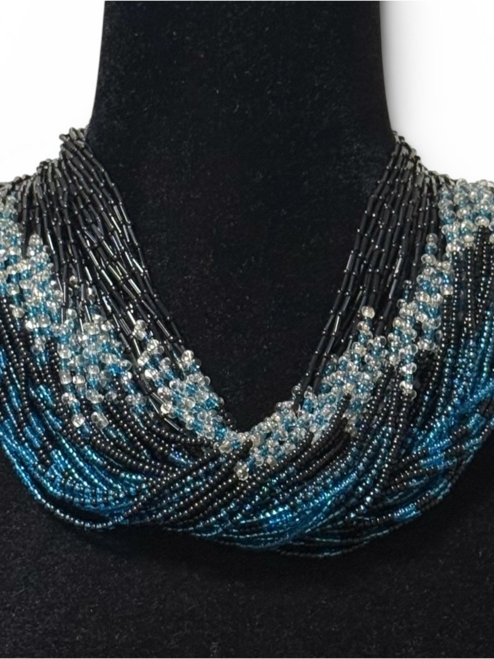 Blue Black Multi Strand Seed Bead Statement Necklace Button Closure Boho 23.5”